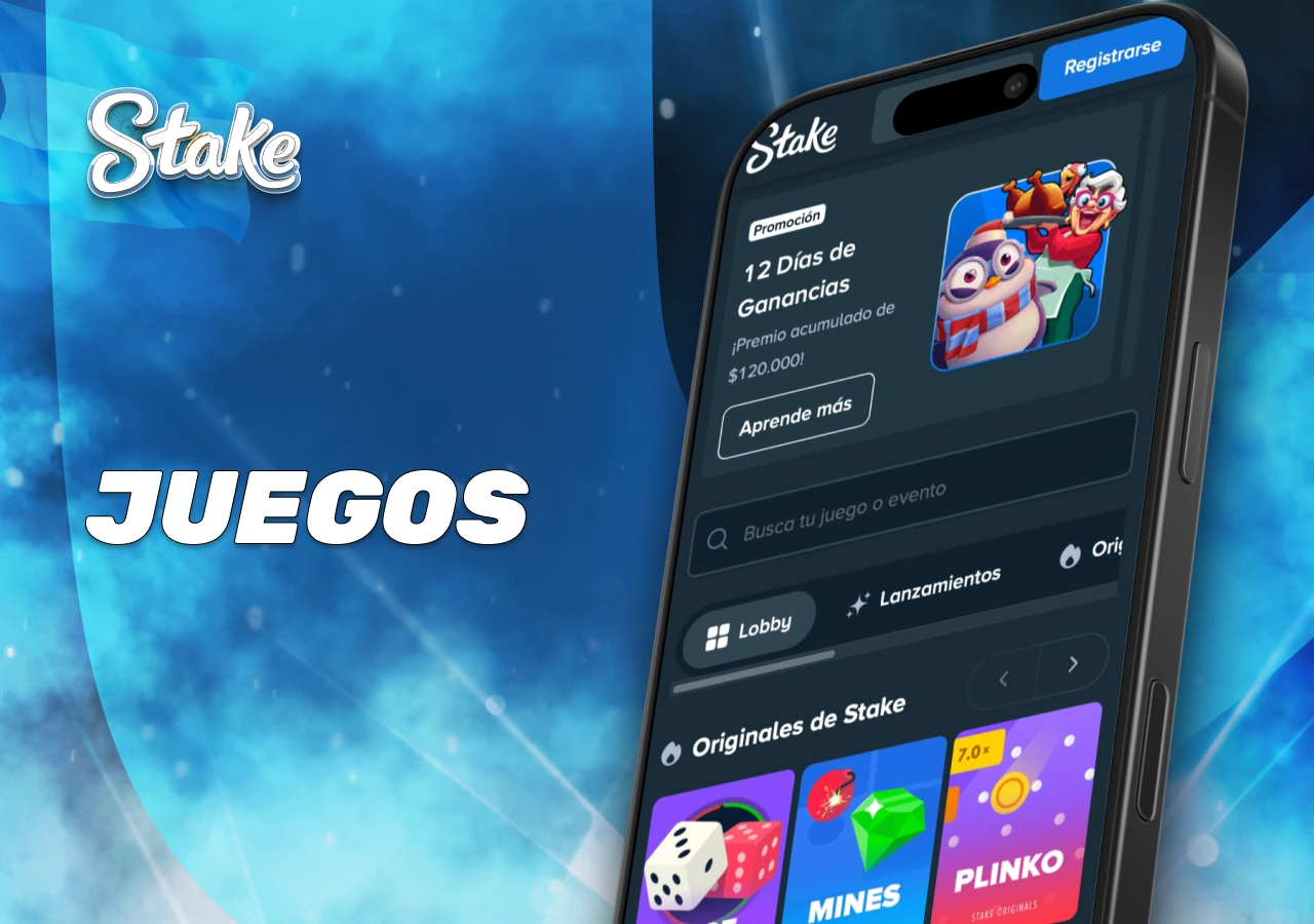 Catálogo de juegos en vivo y slots accesibles desde la app de Stake